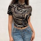Short Sleeve Collared Patterned Print Cropped Shirt
