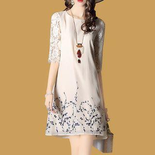 Lace Panel Flower Embroidered Elbow Sleeve Midi Dress