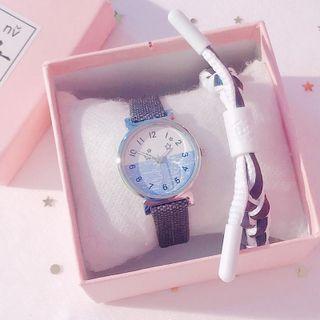 Set: Star Print Luminous Strap Watch + Braided Bracelet
