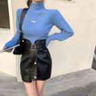 Long-sleeve Turtleneck Knit Sweater / High-waist Mini Skirt