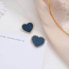 Denim Heart Earring 1 Pair - 925 Silver Needle Earring - Silver Trim - Blue - One Size