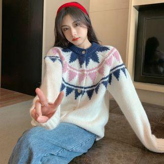 Pattern Sweater Dark Blue & Pink Pattern - White - One Size