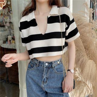Short-sleeve Striped V-neck Striped Knit Cropped Top