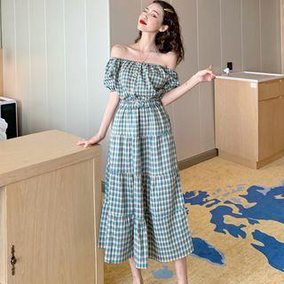 Set: Plaid Elbow-sleeve Top + A-line Midi Skirt
