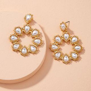 Faux Pearl Hoop Alloy Dangle Earring 1 Pair - Gold & White - One Size