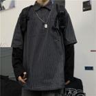 Mock Two-piece Collared Striped Long-sleeve T-shirt