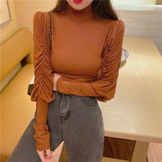 Puff-sleeve Mock Neck Ruffled Top