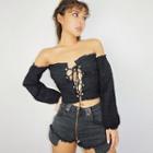 Boatneck Lace-up Cropped T-shirt