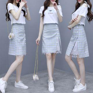 Set: Short-sleeve Printed T-shirt + Fringed Plaid A-line Skirt