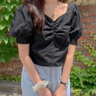 Ruched Puff-sleeve Cropped Blouse Black - One Size