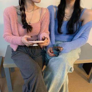 Set: Cropped Fluffy Cardigan + Knit Camisole Top