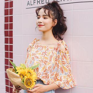 Cold-shoulder Floral Print Elbow-sleeve Blouse As Shown In Figure - One Size