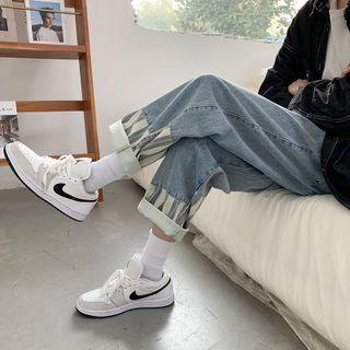 Print Patched Straight Leg Jeans