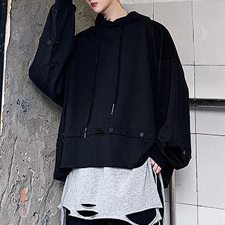Button Detail Cropped Hoodie Black - One Size
