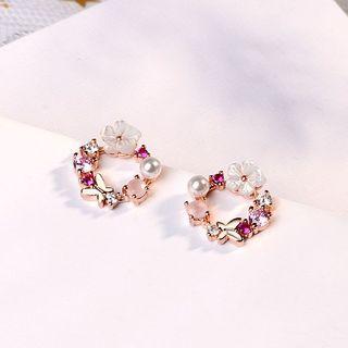 Floral Hoop Ear Stud 1 Pair - Rose Gold - One Size