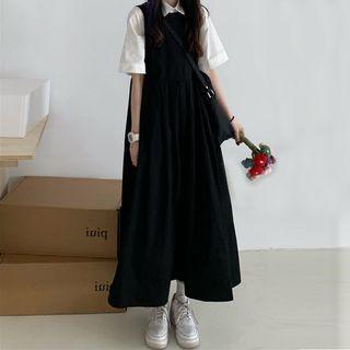 Short-sleeve Plain Shirt / Midi Overall Dress / Set