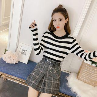 Set: Striped Long-sleeve Knit Top + Plaid A-line Skirt