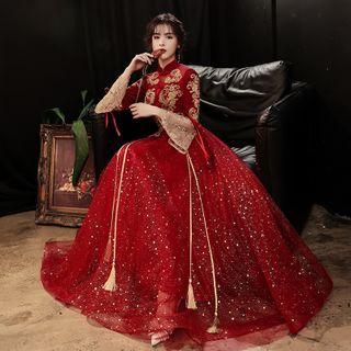 Long-sleeve Chinese Embroidery Mesh A-line Evening Gown