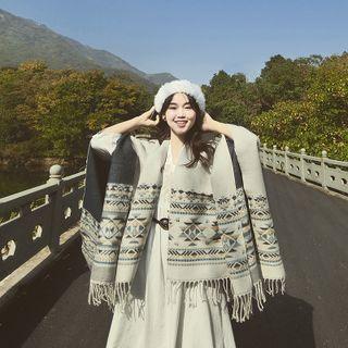 Printed Shawl Beige & Blue - One Size