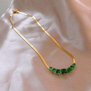 Rhinestone Alloy Choker Gold & Green - One Size