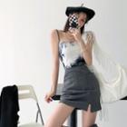 Spaghetti Strap Tie-dye Ribbed Knit Top / High Waist Split Mini Skirt