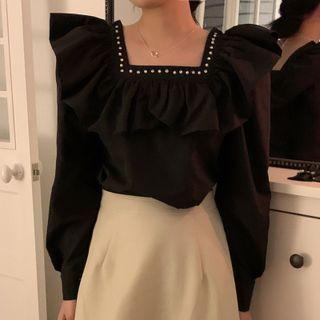 Square-neck Plain Blouse Black - One Size