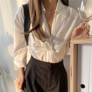 Long-sleeve Twist-front Open-collar Blouse