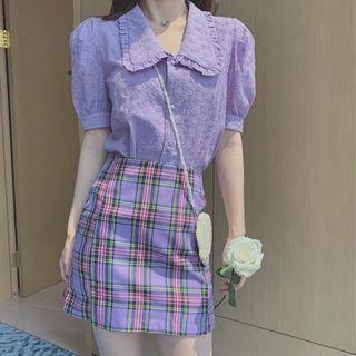 Set: Puff-sleeve Frill Trim Wide-collar Blouse + Fitted Plaid Mini Skirt