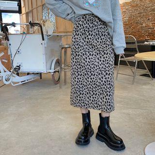 Leopard Print Slit Midi Skirt