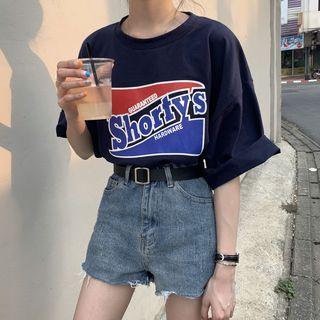 Short-sleeve Letter Print T-shirt Navy Blue - One Size