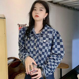 Long-sleeve Checkerboard Denim Jacket Blue - One Size