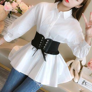 Set: Long-sleeve Plain Blouse + Belt