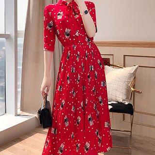 Elbow-sleeve Floral A-line Pleated Midi Dress