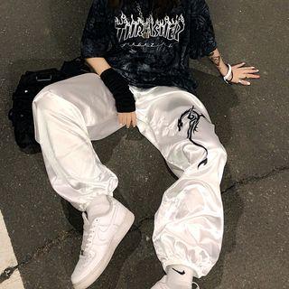 Dragon Printing Gather-cuff Pants White - One Size