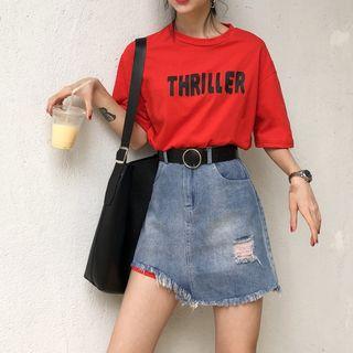 Set: Elbow-sleeve Lettering T-shirt + Mini Denim Skirt