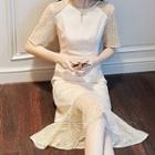 Short-sleeve Glitter Panel A-line Dress