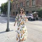 Pineapple Print Elbow-sleeve Midi Dress