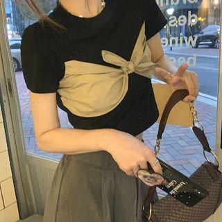 Two-tone Bow-accent Cropped Top Black - One Size