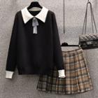 Collared Sweater / Plaid Mini Skirt