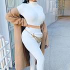 Set: Long-sleeve Mock-neck Crop Top + Leggings