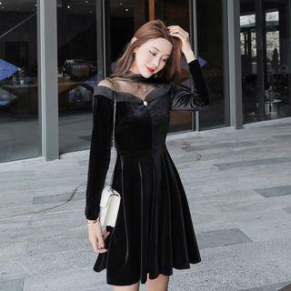 Mock Turtleneck Mesh Panel Long-sleeve A-line Velvet Dress