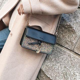Faux-leather Sequined Flap Cross Bag