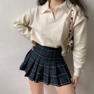 Lapel Loose-fit Cropped Knit Top Off-white - One Size