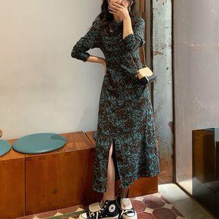 Long-sleeve Flower Print Slit A-line Midi Dress