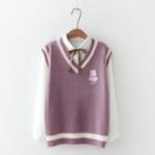 Set: Bow Shirt + Embroidered Sweater Vest Set - Purple Vest & Shirt - White - One Size