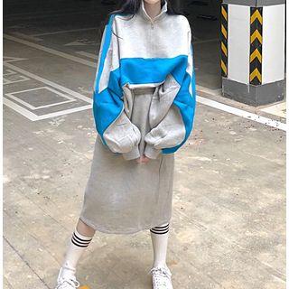 Color Block Half-zip Batwing Pullover / A-line Skirt