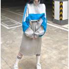 Color Block Half-zip Batwing Pullover / A-line Skirt