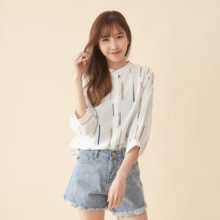 3/4-sleeve Striped Blouse Pink - One Size
