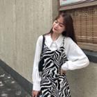 Long-sleeve Plain Shirt / Spaghetti Strap Zebra Print A-line Midi Dress