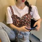 Short-sleeve T-shirt / Floral Drawstring Cropped Camisole Top